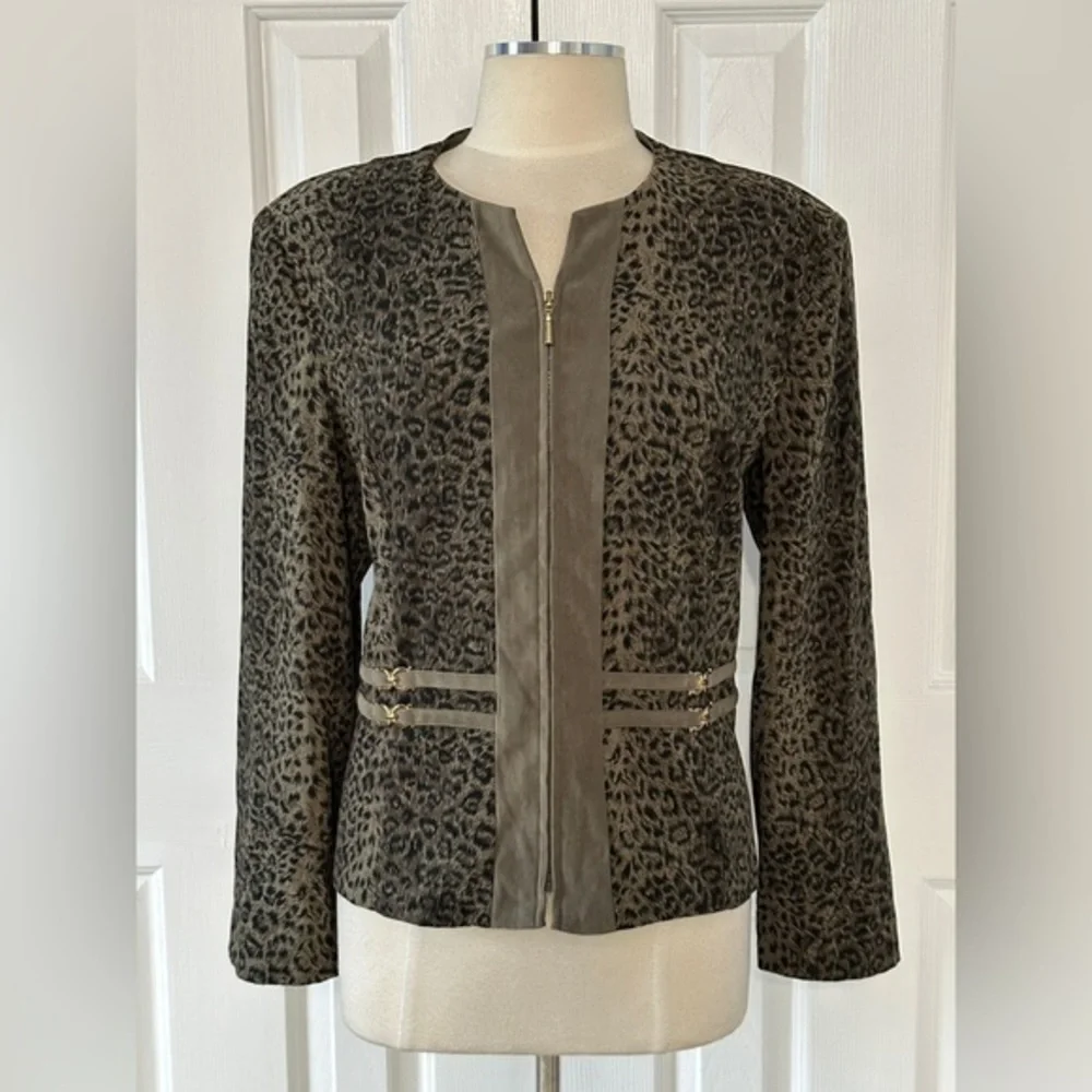R&K Originals Green Leopard Print Zip-Front Jacket Size 14